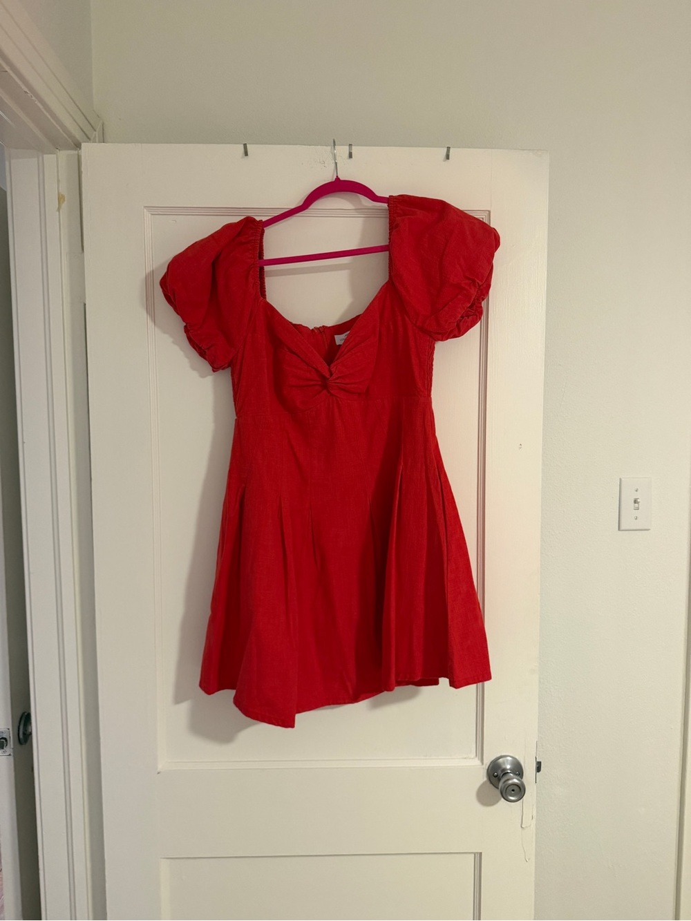 Wander Red Puff-Sleeve Knot-Front Dress